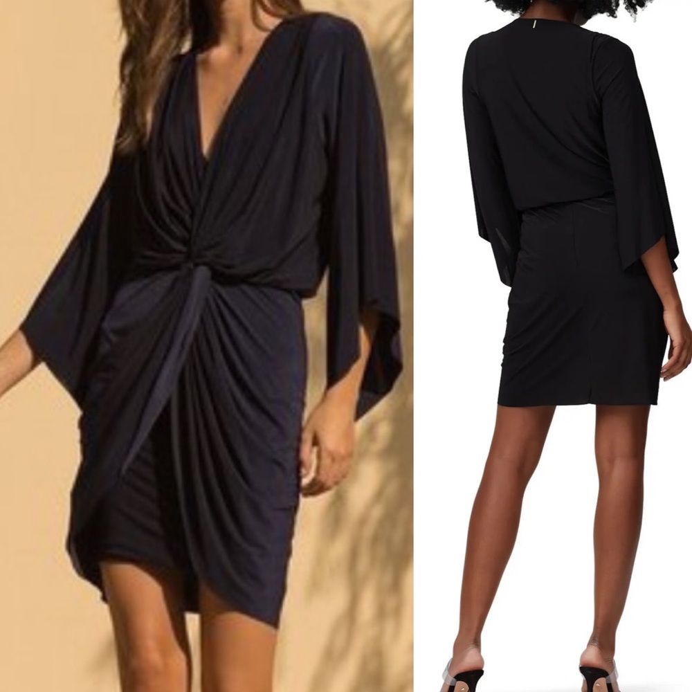 Misa Los Angeles Teget Draped Twist Front Bell
Sleeve Mini Dress: Navy Blue - Picture 3 of 12
